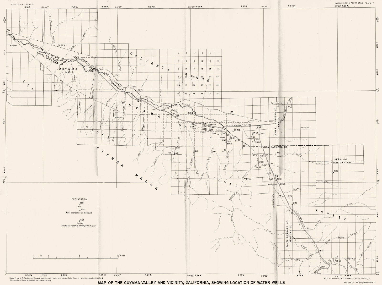 CALIFORNIA.Santa Barbara.Cuyama Valley showing location of water wells 1944 map